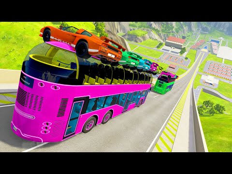 HT Gameplay # 39 | School Bus, Tractor, Double-decker Bus Off Road Speed Bumps Long High Speed Ramp