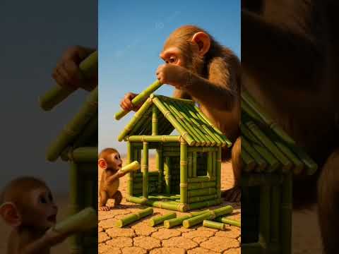 Monkey 🐒 makes sugarcane house 🏠 for her son #ai #trending #viralshorts