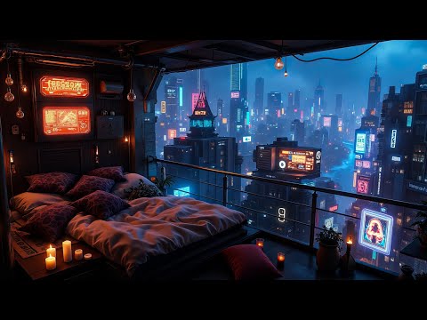 Cozy Futuristic Bedroom | Rain and Ambient Music | Deep Sleep Above the Futuristic City