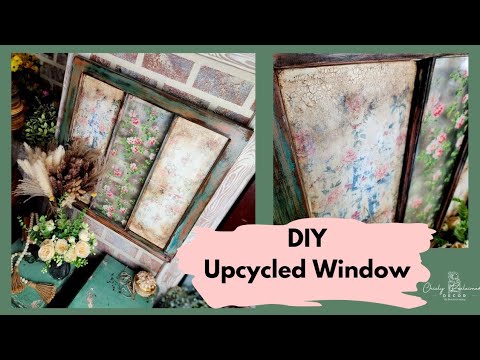 Repurposed Window Decor Using Decoupage, Paint Inlays & Crackle- DIY Barnwood Style Paint Finish