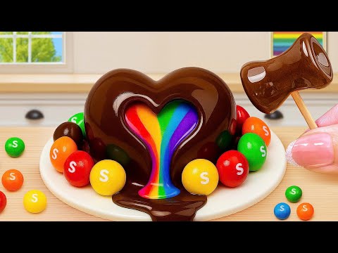 Mini Chocolate Heart Cake Recipe With Melting Rainbow Chocolate 4K🌈💖