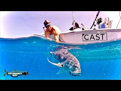 INSANE GIANT TREVALLY topwater fishing session on the GREAT BARRIER REEF!!! Big fish! Double Header!