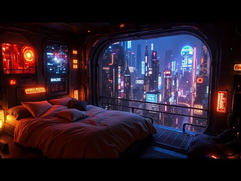 Escape the Cyberpunk Night | Rain and Ambient Music | Deep Sleep in a Cozy Futuristic Room