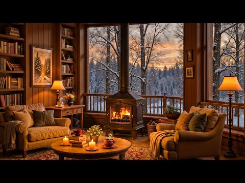 Soothing Jazz Music in Cozy Reading Nook Ambience ❄️ Snowy Scene and Fireplace Sound for Relaxation