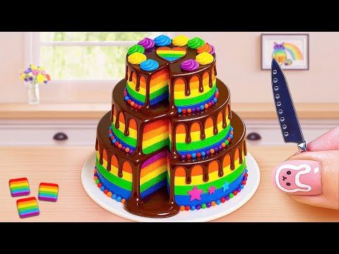 Mini Rainbow Cake Recipe With Chocolate | Satisfying Melting Chocolate Cake Decoration Ideas