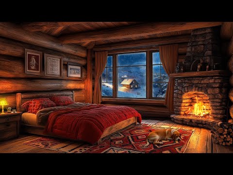 Winter atmosphere outside the window | Stress relief with fireplace sounds in a log cabin 🔥