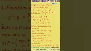 COORDINATE GEOMETRY STRAIGHT  LINES FORMULAS 10TH ; 11TH CLASS. DISTANCE MIDPOINT SECTION FORMULA