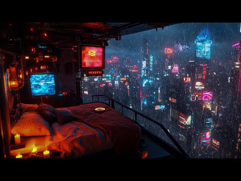 Cyberpunk Neon Rain: Rain And Ambient Music | Cozy Floating Bedroom Above The Neon Jungle