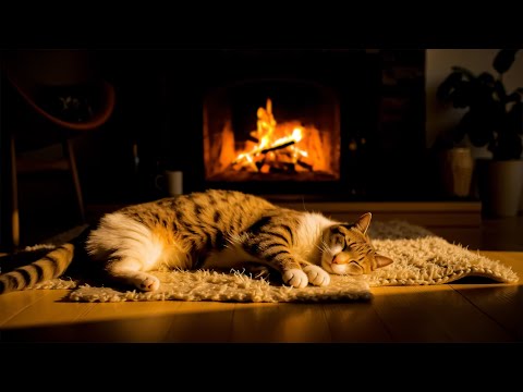 4K Fireplace and Sleeping Cat | Soothing Birchwood Fire Sounds for Relaxation | Crackling Fireplace