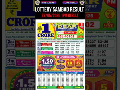 Nagaland State Dear Lottery Sambad Result  Morning 1PM Result 27.05.2025