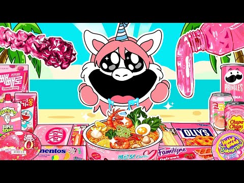 ASMR MUKBANG 🍩🍞Convenience Store Challenge Pink Food with UNICORN | Tastytoon