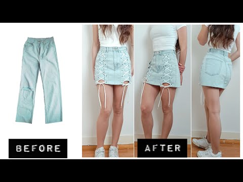 DIY - How to turn old JEANS into a LACE UP DENIM MIDI SKIRT