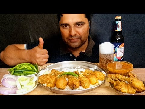 @ChickenLegPiece Chicken Leg Piece With Rice,Salad,Chicken Curry And Fruit Beer Eating