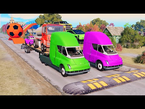 Double Flatbed Trailer Truck vs Speedbumps Train vs Cars  Tractor vs Train Beamng.Drive 01