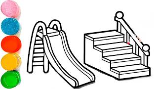 How To Draw a Playground Slide & Beautiful Stairs Drawing Easy | Slide Drawing for Kids | 3D Stairs