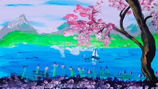 Acrilic Painting  🎨 Mt. Fuji with Sakura 🎨| How to Draw | Magic Paintings | Relaxing Music