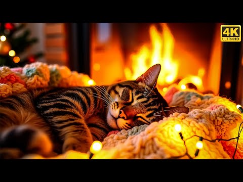 Crackling Fireplace Sounds & Purring Cat | Peaceful Night Ambience in Fireplace 4K UHD