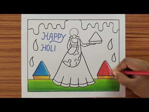 A Traditional Girl Celebrate Holi Drawing /  Happy Holi Drawing / Holi Drawing / Easy Holi Drawing