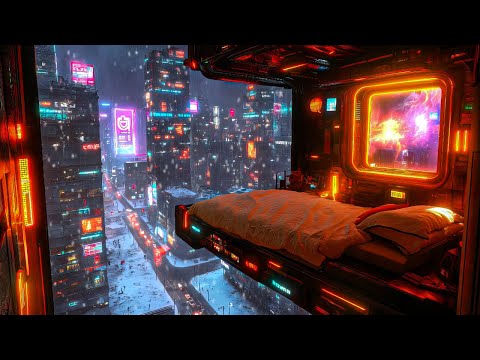 Rainy Night Futuristic Escape: Rain And Ambient Music | Cozy Bedroom Above The Neon City
