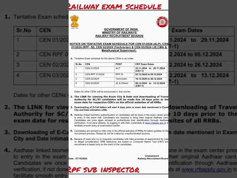 RRB EXAM SCHEDULE 2024 ALP RPF SI TECHNICIAN JE AND OTHERS #rrbs
