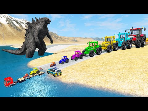 Big & Small Tractor Cars vs Deep Water - Double Flatbed Trailer Truck Car Rescue - BeamNG.Drive