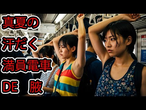 真夏の汗だく電車で腋見え。