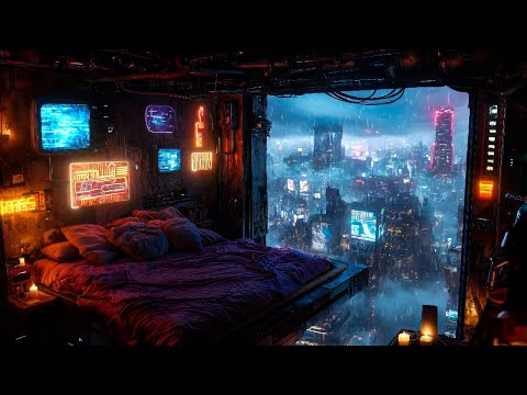 Cyberpunk Floating Sleep Retreat: Rain And Ambient Sounds | Cozy Bedroom Nestled Above The City