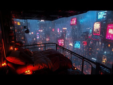 Cyberpunk Dreamscape: Ambient Rain Music For Sleep | Floating Bedroom In A Futuristic City