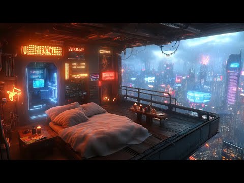 Cozy Balcony: Rain And Ambient Music | Cyberpunk Bedroom Above The City