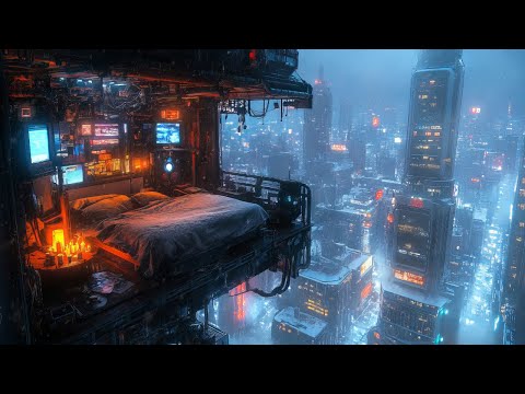 Cyberpunk Night Escape: Snow And Ambient Music | Bedroom Shack In A Skyrise
