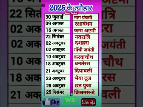 2025 के त्यौहार की तारीख || कैलेंडर 2025 |