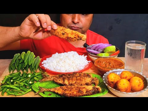 ASMR EATING BIG WHOLE FISH FRY,EGG CURRY WITH RICE,GREEN CHILLI,ONION EATING SHOW