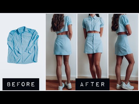 DIY - How to turn an old SHIRT into a 2 PIECE OUTFIT (Cropped Shirt +  Skirt). Fashionable outfit.