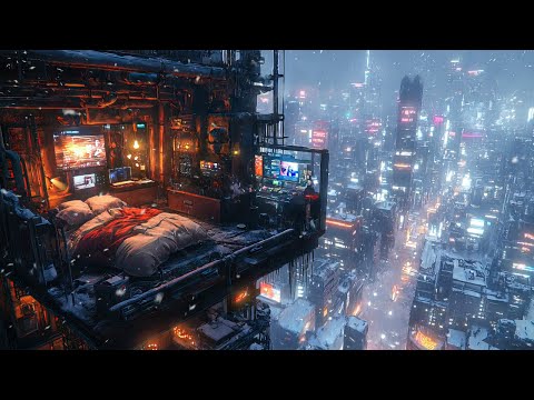 Cyberpunk Winter Escape: Snow And Ambient Music | Cozy Bedroom Over Neon City