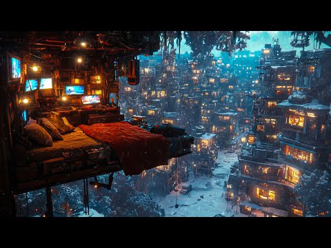 Cyberpunk Skyrise Escape: Snow and Ambient Music | Cozy Live Space in a Frozen City