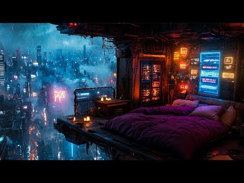 Cyberpunk City Escape: Rain And Ambient Music | Deep Sleep In A Cozy Bedroom Above The City