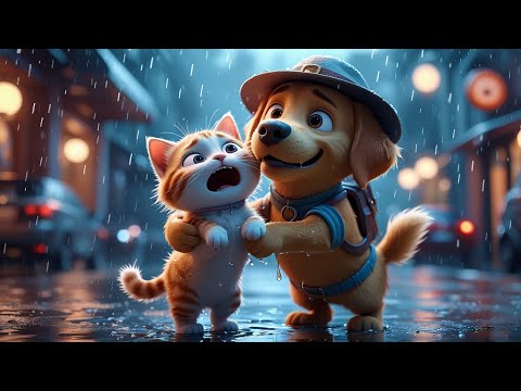 Dog Saves Cat in the Rain – Kindness Cartoon Story for Kids | Silent Cat & Dog Animation