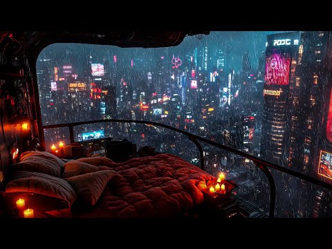 Cyberpunk Rain Escape: Rain And Ambient Music | Cozy Balcony Bedroom Above The Neon City