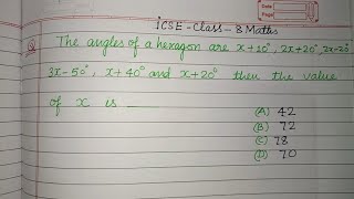 The angle of a hexagon are x+10°, 2x+20°, ..... | icse maths class 8 solution | polygon