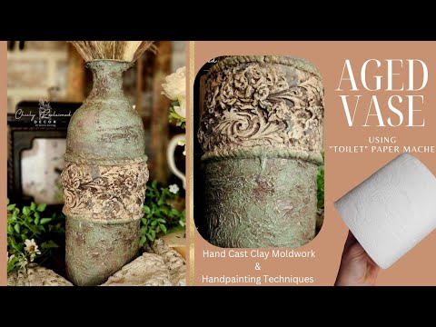 Thriftstore Find Into Pottery Barn Style Aged Vase / DIY - Toilet paper Mache, Molds & Paint