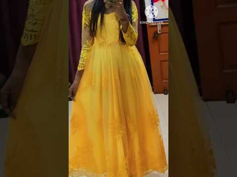 Beautiful yellow net gown/BOAT Neck Design cutting and stitching video #viralvideo #yputubeshorts