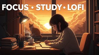 AD Free |12hrs  Deep Focus Study Lofi ☕ Cozy Sunset | Cat Companion | Live Study Room
