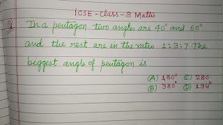 In a pentagon two angles are 40° and 60° and the rest are in the ratio.... | icse maths class 8