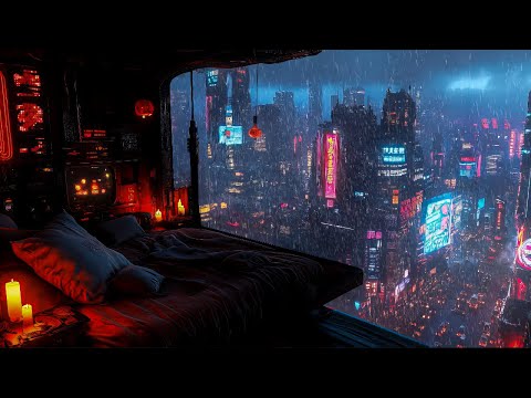 Cyberpunk Oasis: Cozy Bedroom Above The Cyberpunk Metropolis | Rain And Ambient Music