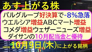 あす上がる株　2025年１０月９日（木）に上がる銘柄。パルグループ好決算なのに急落。ウエルシア増益、ABCマート増益、コメダ増益、ウェザーニューズ増益～最新の日本株情報。高配当株の株価やデイトレ情報～