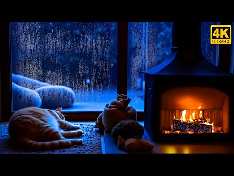 Fireplace and Sleeping Cat | Soothing Birchwood Fire Sounds for Relaxation | Crackling Fireplace 4K