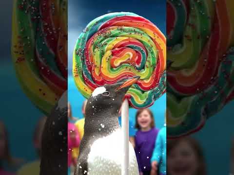 Penguin vs Giant Rainbow Lollipop! 🍭🐧✨ #Shorts