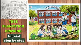 Tree Plantation Scenery Drawing / Save Trees, Save Earth Drawing / Van Mahotsav Drawing, Step-by-...