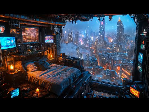 Cyberpunk Winter Night: Snow And Ambient Music | Cozy Futuristic Bedroom Overlooking The City
