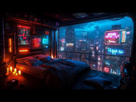 Cyberpunk Escape: Rain And Ambient Music | Cozy Room With A View Over The Futuristic City